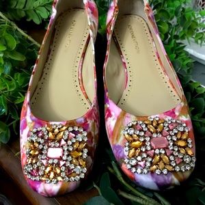 Adrienne Vittadini Flats Pink Sateen Floral Rhinestones Size 7.5